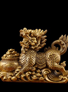 铜聚宝盆麒麟摆件一对黄铜麒麟卧室客厅玄关办公室酒W柜桌面装饰