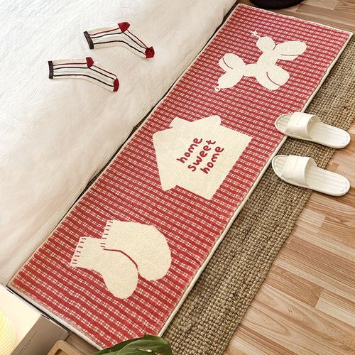 ins风韩式地毯可爱长条卧室x床边毯红色喜庆床前脚垫床边长条地垫