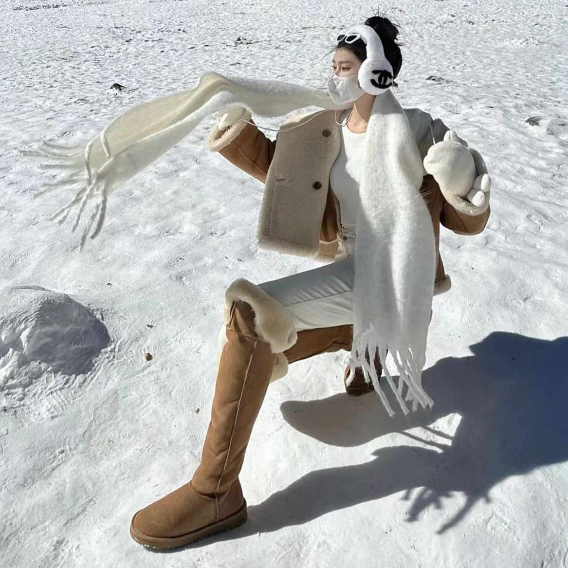 高筒雪地靴女加绒加厚长款靴子真皮过膝长筒靴厚底