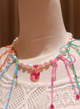 鬼马少女风重工水晶锆石蝴蝶结淡水巴洛克珍珠项链时尚配饰个性女