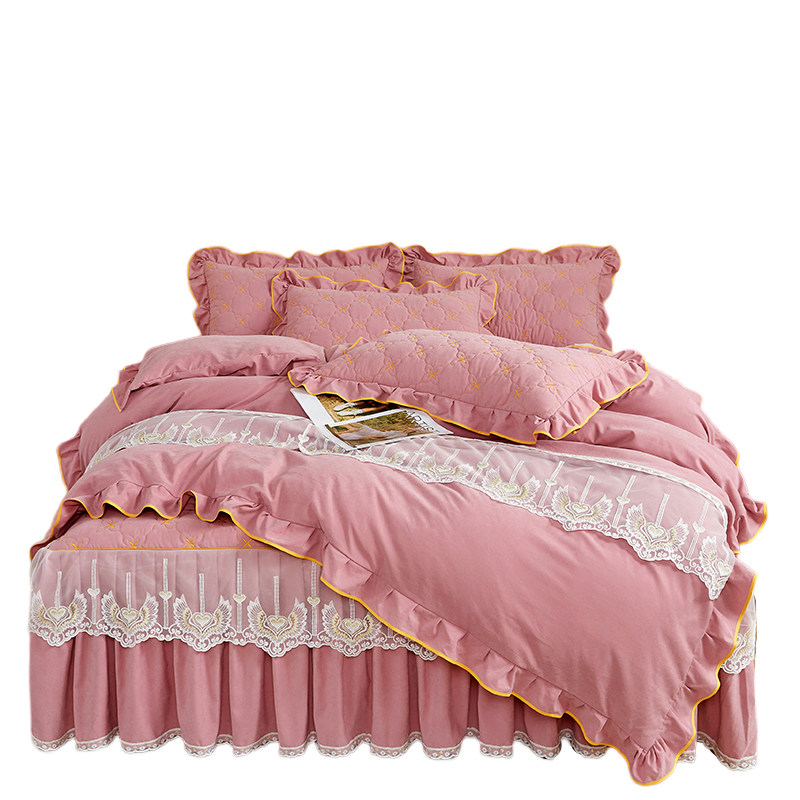 EUROPEAN QUILT COVER FOUR-PIECE BED SKIRT PRINCESS STYLE BEDSPREAD BED SHEETS COTTON BRUSHED THICKENED BARE BEDDING