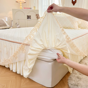 全棉公主风床笠式 床裙三件套单件夹棉蕾丝加厚床罩纯色床垫保护套