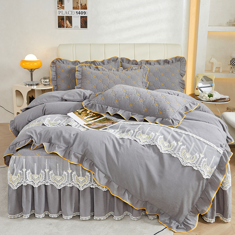 EUROPEAN QUILT COVER FOUR-PIECE BED SKIRT PRINCESS STYLE BEDSPREAD BED SHEETS COTTON BRUSHED THICKENED BARE BEDDING