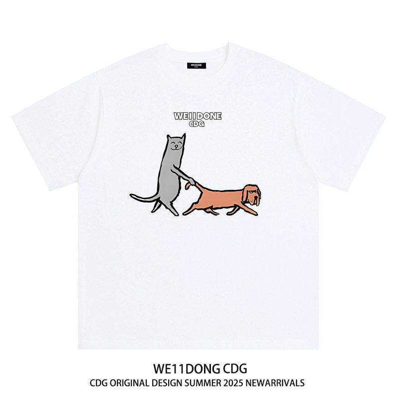 WE11DONE CDG潮牌趣味卡通小狗遛狗印花男女宽松重磅纯棉短袖t恤