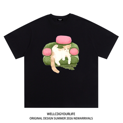 WE11DONE CDG美式潮牌WELLDONE懒惰猫咪印花重磅宽松纯棉短袖t恤