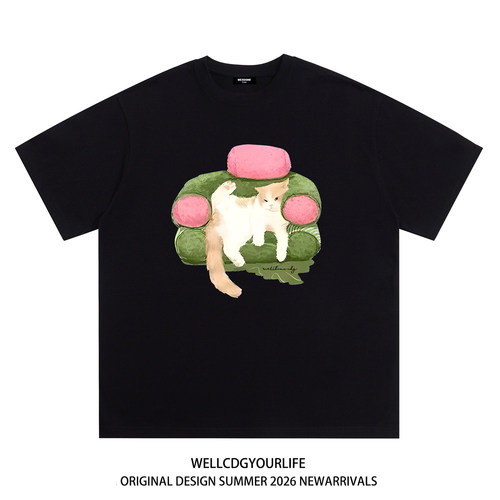 WE11DONE CDG美式潮牌WELLDONE懒惰猫咪印花重磅宽松纯棉短袖t恤