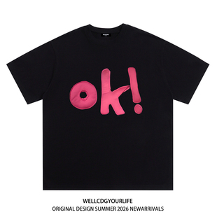 WE11DONE CDG美式潮牌WELLDONE男女重磅OK字母印花纯棉短袖t恤夏