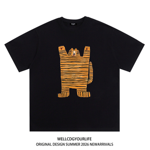 潮牌WELLDONE老虎印花男女重磅宽松纯棉短袖 t恤 CDG美式 WE11DONE