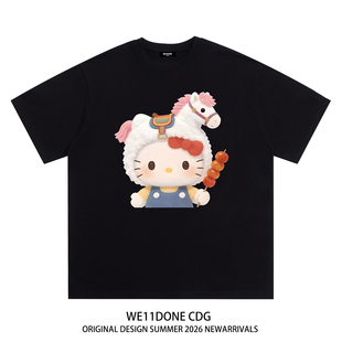 WE11DONE CDG美式潮牌卡通Hello kitty猫印花重磅宽松纯棉短袖t恤