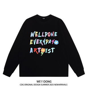 t恤 高街WELLDONE彩色字母印花男女宽松纯棉长袖 WE11DONE CDG美式