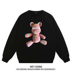 WE11DONE CDG美式潮牌WELLDONE小熊印花男女重磅宽松加绒圆领卫衣