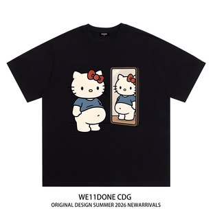 潮牌WELLDONE卡通照镜子kitty猫印花纯棉短袖 t恤 CDG美式 WE11DONE