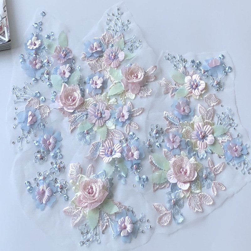 立体粉蓝花朵刺绣钉珠布贴辅料