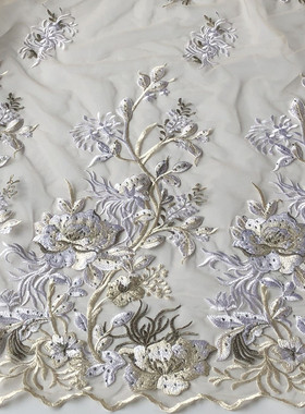 SASKIA重工米白花朵蕾丝网纱刺绣贴花钉珠大补丁婚纱衣服装饰辅料