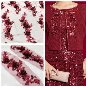 酒红一对布贴亮片网纱刺绣立体花朵补丁衣服裙装 饰辅料手工缝DIY