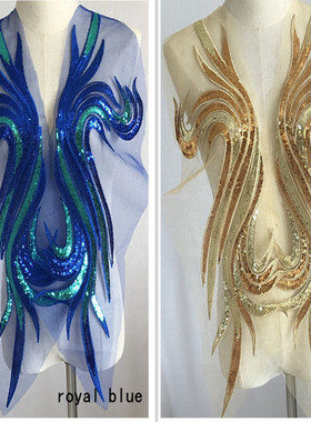 SASKIA凤凰尾金亮片网纱刺绣布贴大补丁衣礼服装饰辅料手工缝diy