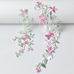 粉绿长条花朵刺绣布贴片背胶旗袍汉服裙衣服装 饰补丁辅料手工DIY