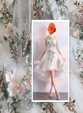 SASKIA粉绿花朵刺绣布贴蕾丝网纱绣片补丁衣礼服装饰辅料手工DIY