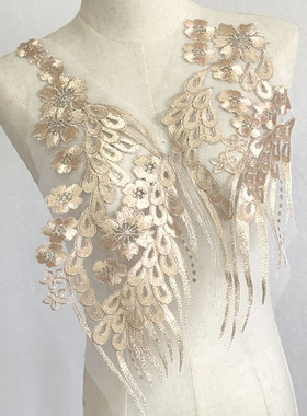 SASKIA孔雀尾花朵刺绣布贴礼服衣服装饰补丁洞网纱蕾丝手工缝DIY