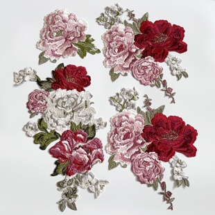 高端刺绣牡丹花朵布贴旗袍礼服婚纱衣服裙装饰辅料补丁片大号针缝