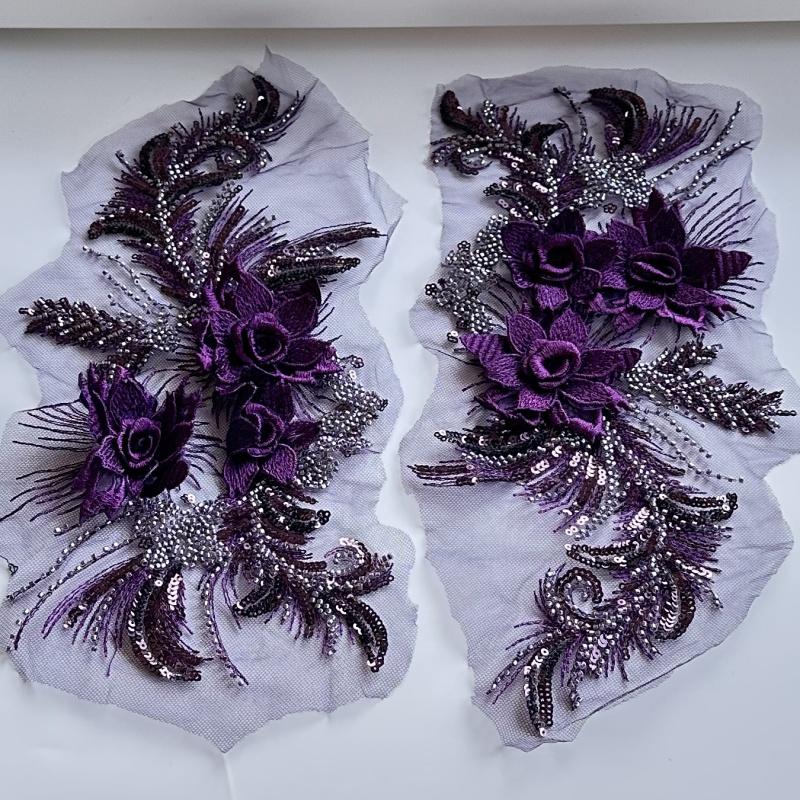 紫色钉珠网纱刺绣布贴针缝款