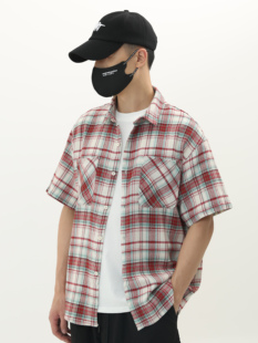 Bson布森美式复古格子短袖衬衫男女夏季潮牌宽松休闲格纹衬衣外套