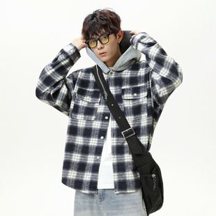 连帽长袖衬衫男女秋季复古宽松潮牌情侣衬衣