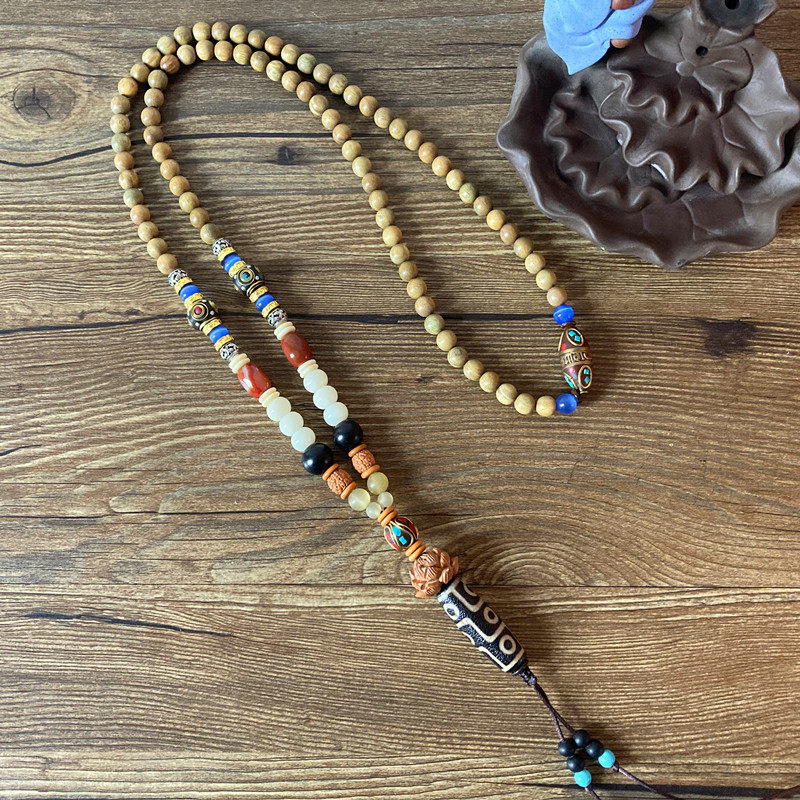 天然绿檀木菩提子佛珠项链复古藏式九眼天珠吊坠长款毛衣链男女士