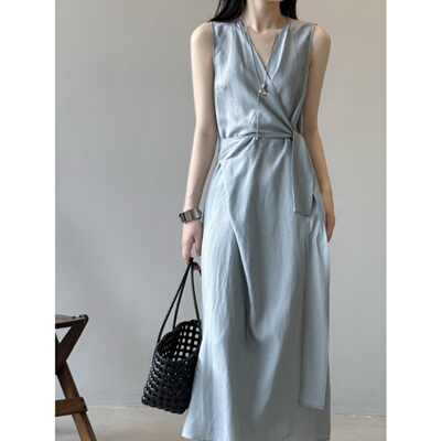 简约清冷感天丝亚麻连衣裙女