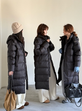 简约通勤黑色羽绒服女中长款2025新款冬装白鸭绒宽松过膝外套加厚