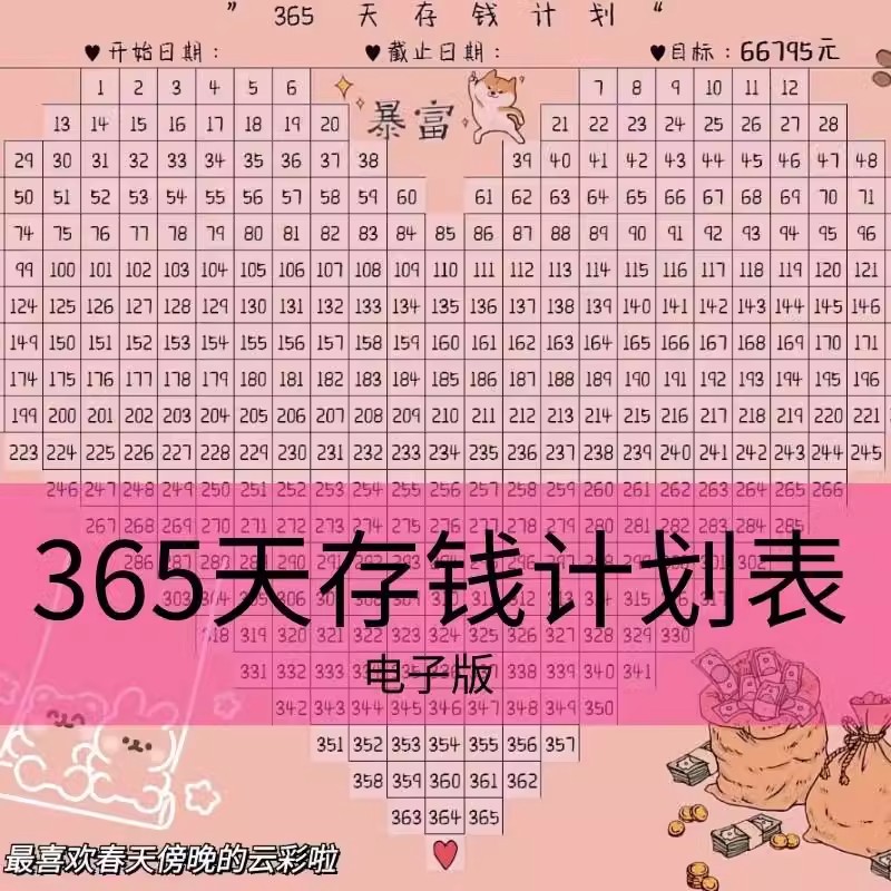 52周365天存钱表格心形攒钱神器存钱罐贴纸电子版日历计划表打印