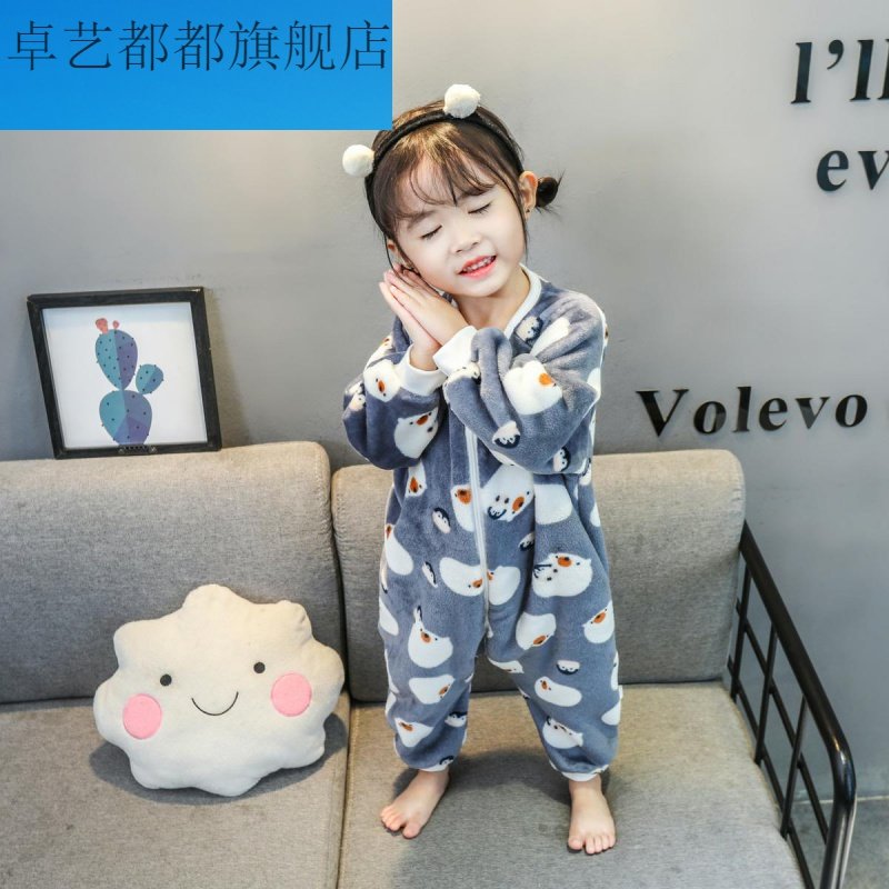 潮3男女1-2儿童睡衣珊瑚衣加厚加绒连体法兰绒绒睡袋婴儿春秋宝春