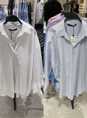 ZA 新品蓝白色条纹府绸长袖宽松纯色衬衫衬衣女装 ra02495702044