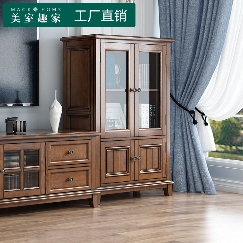 白蜡木美式乡村全实木矮酒柜玻璃门矮柜双门电视边柜客厅储物家具