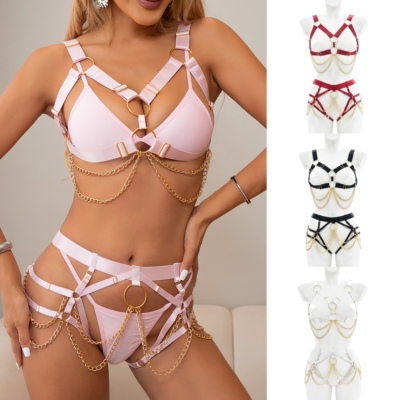 外贸出口 镂空狂野链条绑带 内衣分体套装 lingeries bdsm