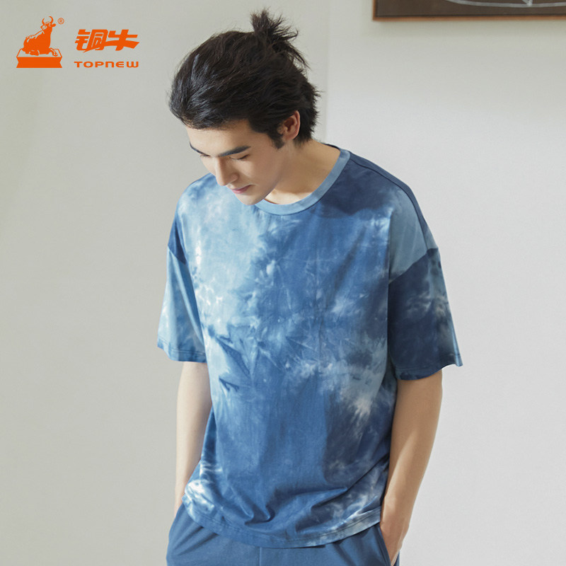 COPPER COW COTTON BLEND TIE-DYE FABRIC ROUND NECK MENS HOME TOP SUMMER BLESS SERIES SHORT SLEEVE SHIRT NS094