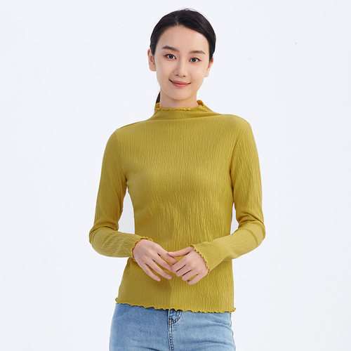 铜牛棉氨皱布烟囱领打底女长袖衫