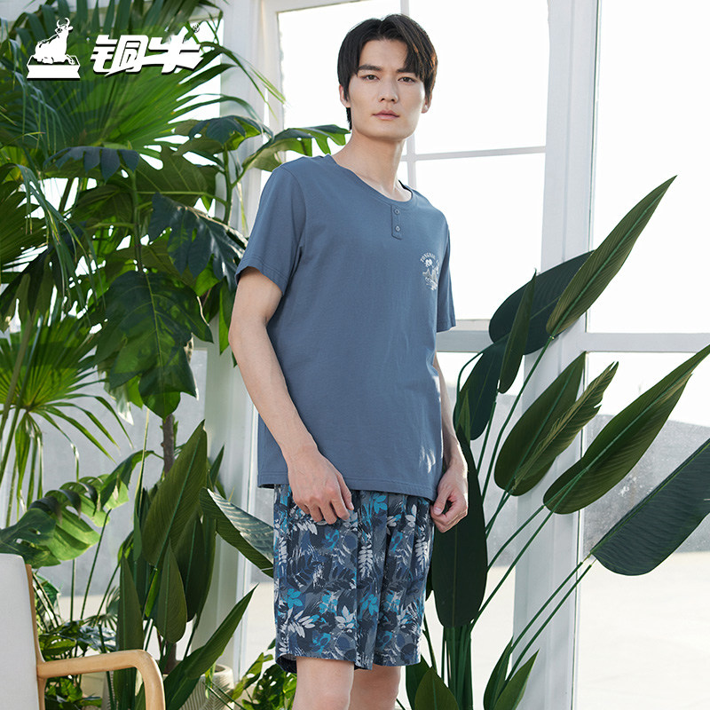 铜牛汗布印花湖光山色半袖男套 春夏家居半袖套装NJ053