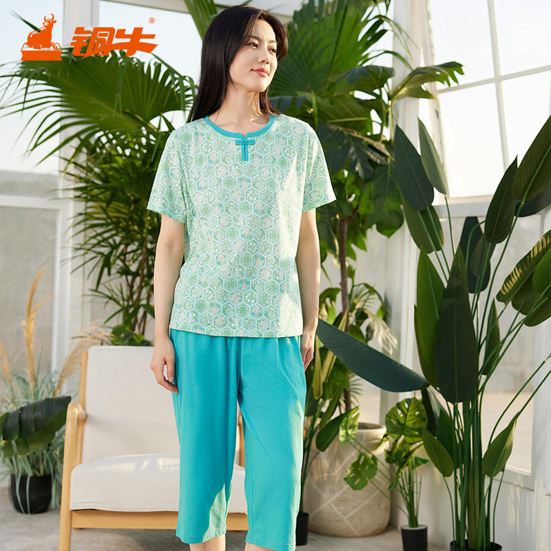 铜牛汗布印花中式圆领半袖女套 春夏短袖睡衣套装VJ116,女士内衣/男士内衣/家居服,睡衣/家居服套装,淘宝优惠券,粉丝福利购,淘宝优惠卷