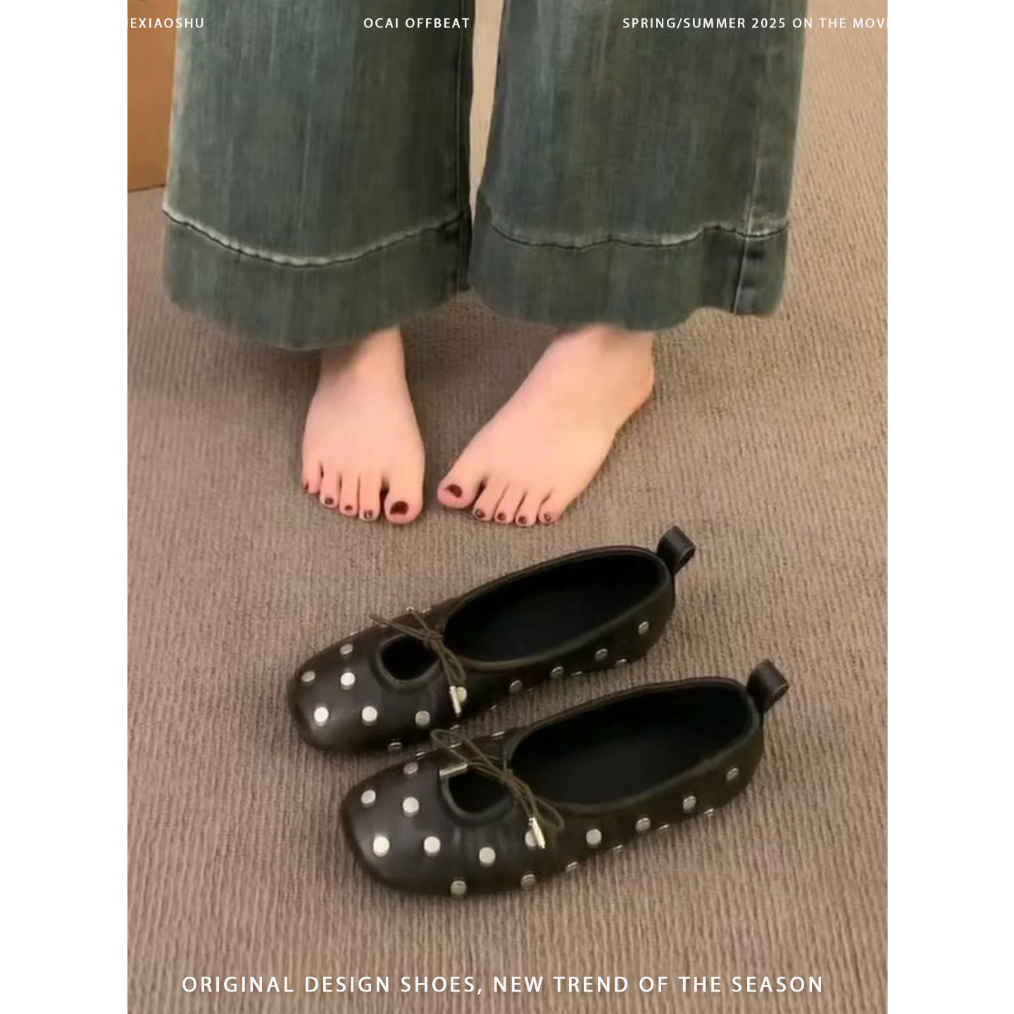 羊皮版复古蝴蝶结铆钉芭蕾鞋女平底一脚蹬奶奶鞋时尚镂空玛丽珍鞋