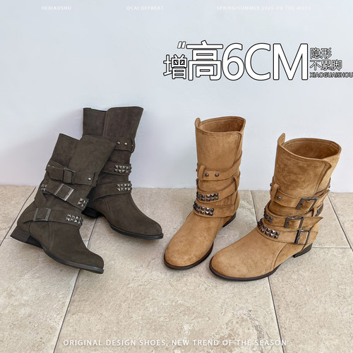 羊皮版~内增高6CM铆钉皮带扣机车靴女复古百搭显瘦中筒西部牛仔靴