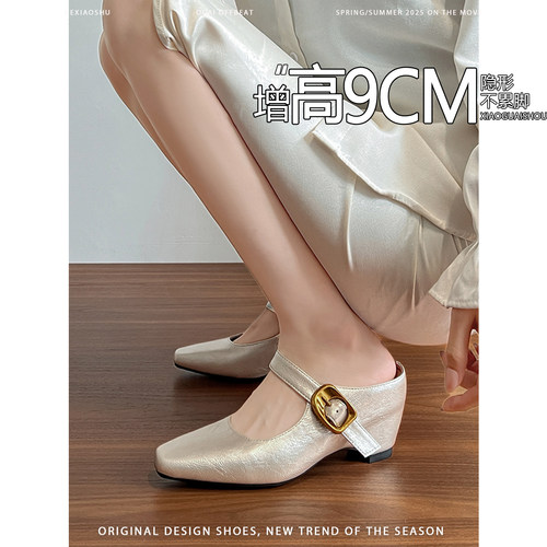 羊皮版~增高9CM复古包头拖鞋女2026夏新款无后跟一脚蹬穆勒半拖鞋