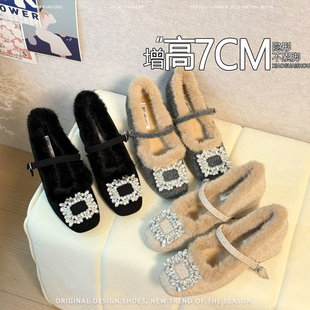 羊皮版~法式内增高毛茸茸玛丽珍鞋女水钻方头一字带加绒保暖单鞋