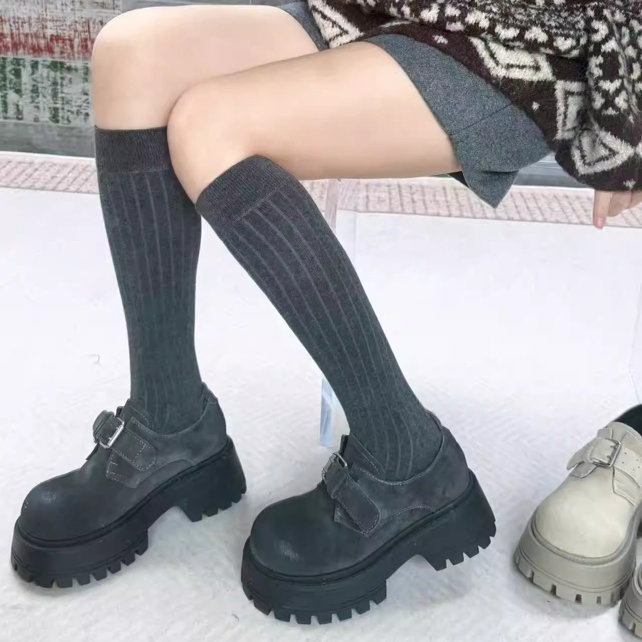 增高7cm~新款英伦风皮带扣乐福鞋女款真皮厚底圆头百搭加绒小皮鞋,女鞋,乐福鞋（豆豆鞋）,淘宝优惠券,粉丝福利购,淘宝优惠卷