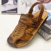 头层牛皮透气两用凉拖鞋 夏季 男中年爸爸包头沙滩鞋 真皮凉鞋 新款