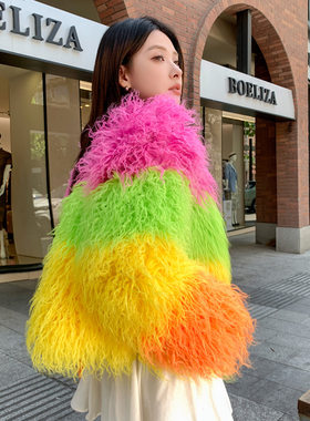 欧美皮草仿滩羊毛短款粉绿黄橘色撞色毛毛拼接外套冬季羊羔毛大衣
