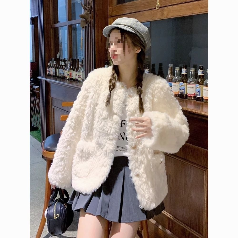 奶白色毛茸茸小香风富家千金羊羔毛加绒外套女冬季小个子棉服大衣