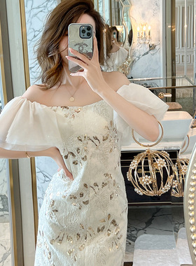 生日派对小礼裙设计感网纱荷叶袖一字领亮片抹胸连衣裙短裙50323