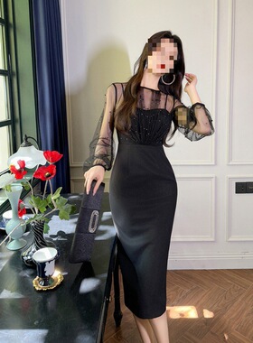 小众晚礼服裙2024春装新款女时尚网纱拼接包臀连衣裙20876