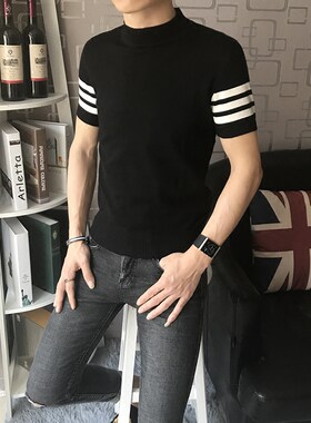 秋冬款潮流社会小伙韩版简约港风修身短袖毛衣男士中高领线衣半袖